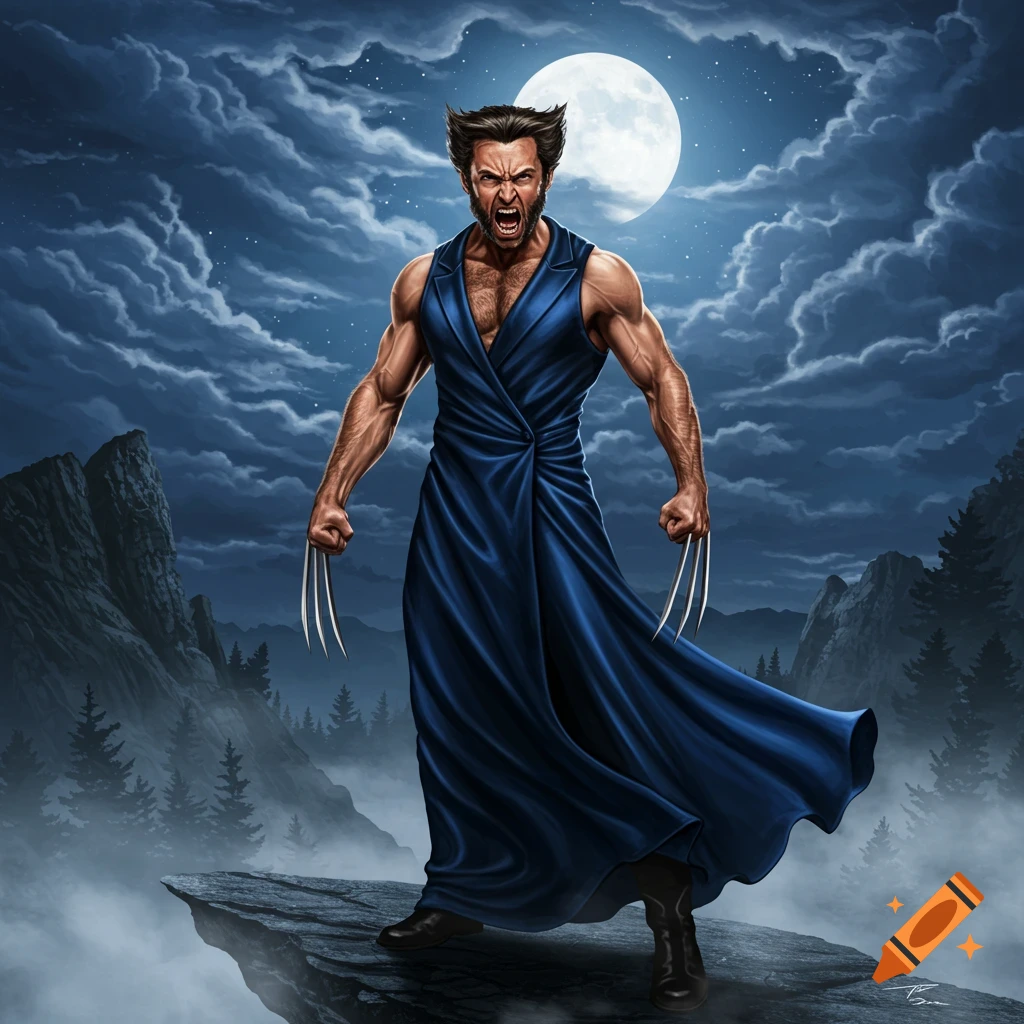 Detailed illustration of a snarling, muscular Wolverine in a blue dress, standing on a cliff under a full moon and cloudy night sky.