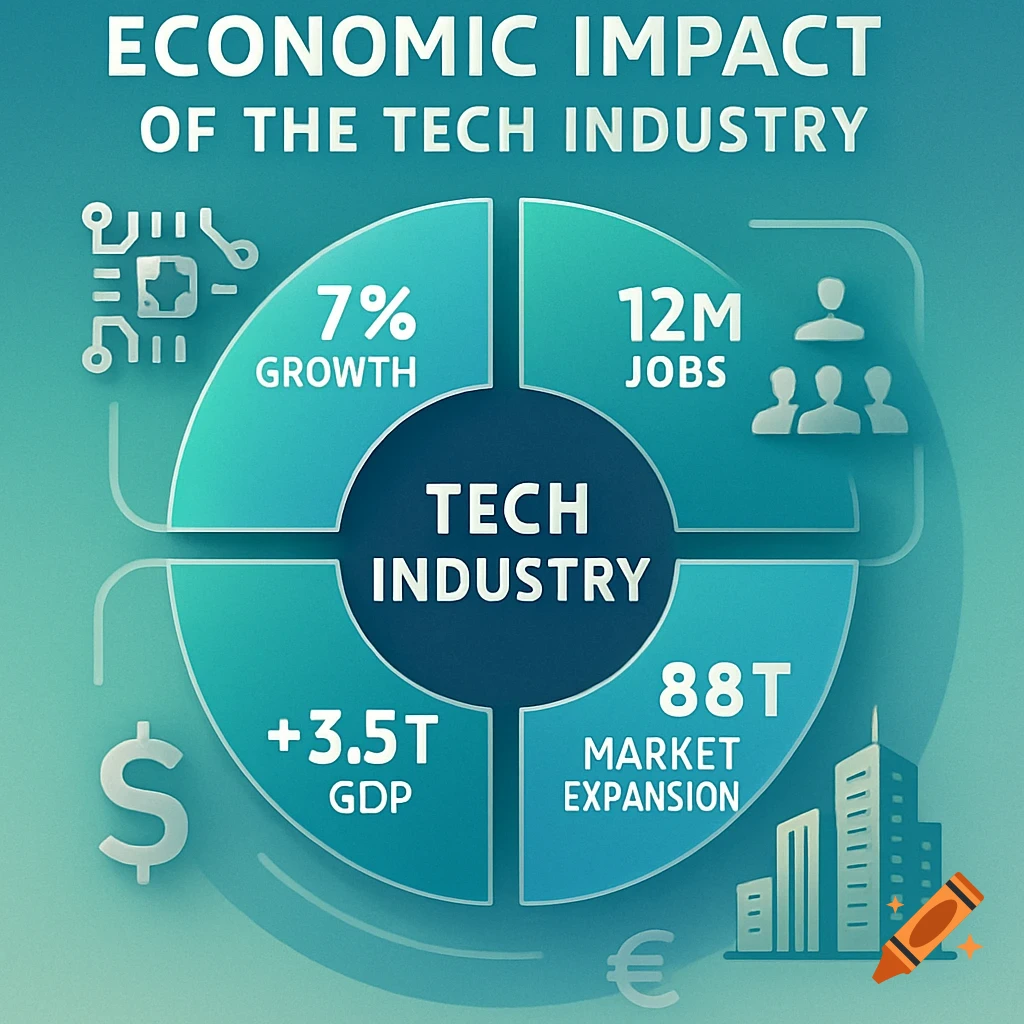 An infographic showing the economic impact of the tech industry, with sections for growth, jobs, GDP, and market expansion.