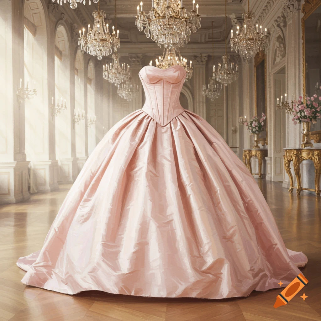 A pale pink ball gown with a corseted bodice and full-length skirt stands in a grand, chandelier-filled ballroom.