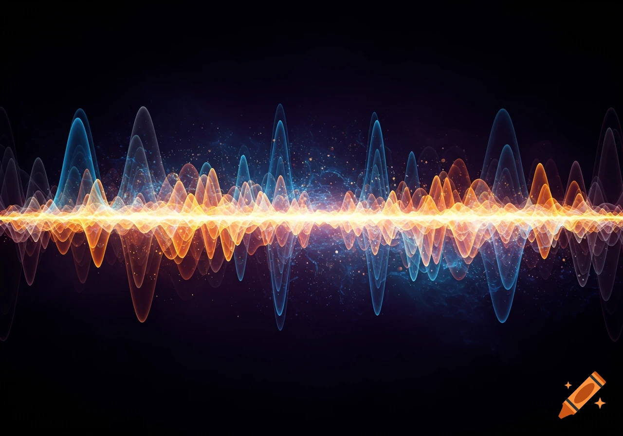 Abstract orange and blue glowing light waves with particles on a dark background.