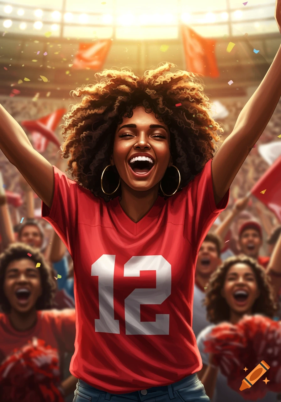 A joyful Black woman in a red jersey with '12' cheers at a brightly lit sports stadium with confetti and a blurred crowd.