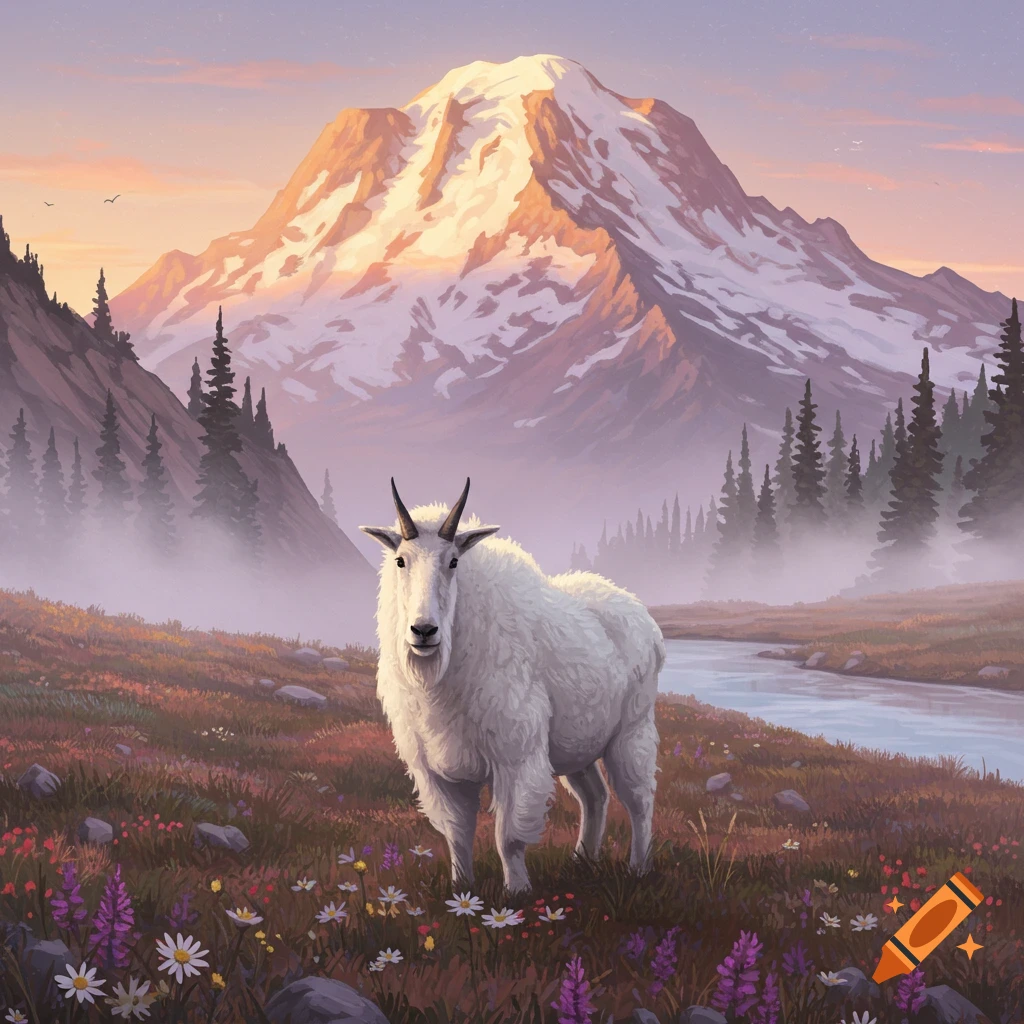 An illustrative scene of a mountain goat in a field of wildflowers, with a river and a large snow-capped mountain at sunrise.