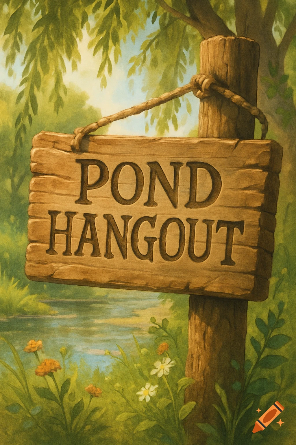 Rustic wooden sign "POND HANGOUT" tied to a tree, in a lush green forest with a pond and flowers, illustrated.