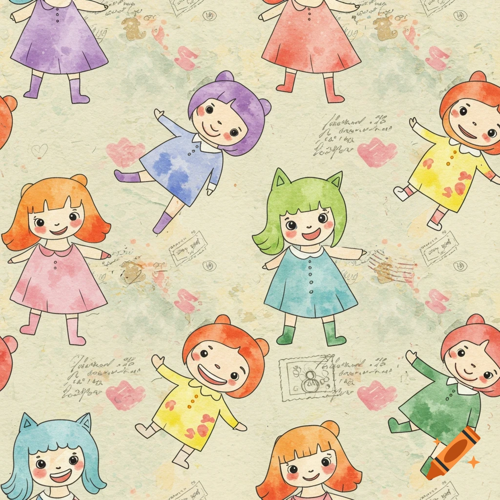 A whimsical watercolor seamless pattern featuring cute cartoon girls in colorful dresses with subtle background textures of hearts and faded script.