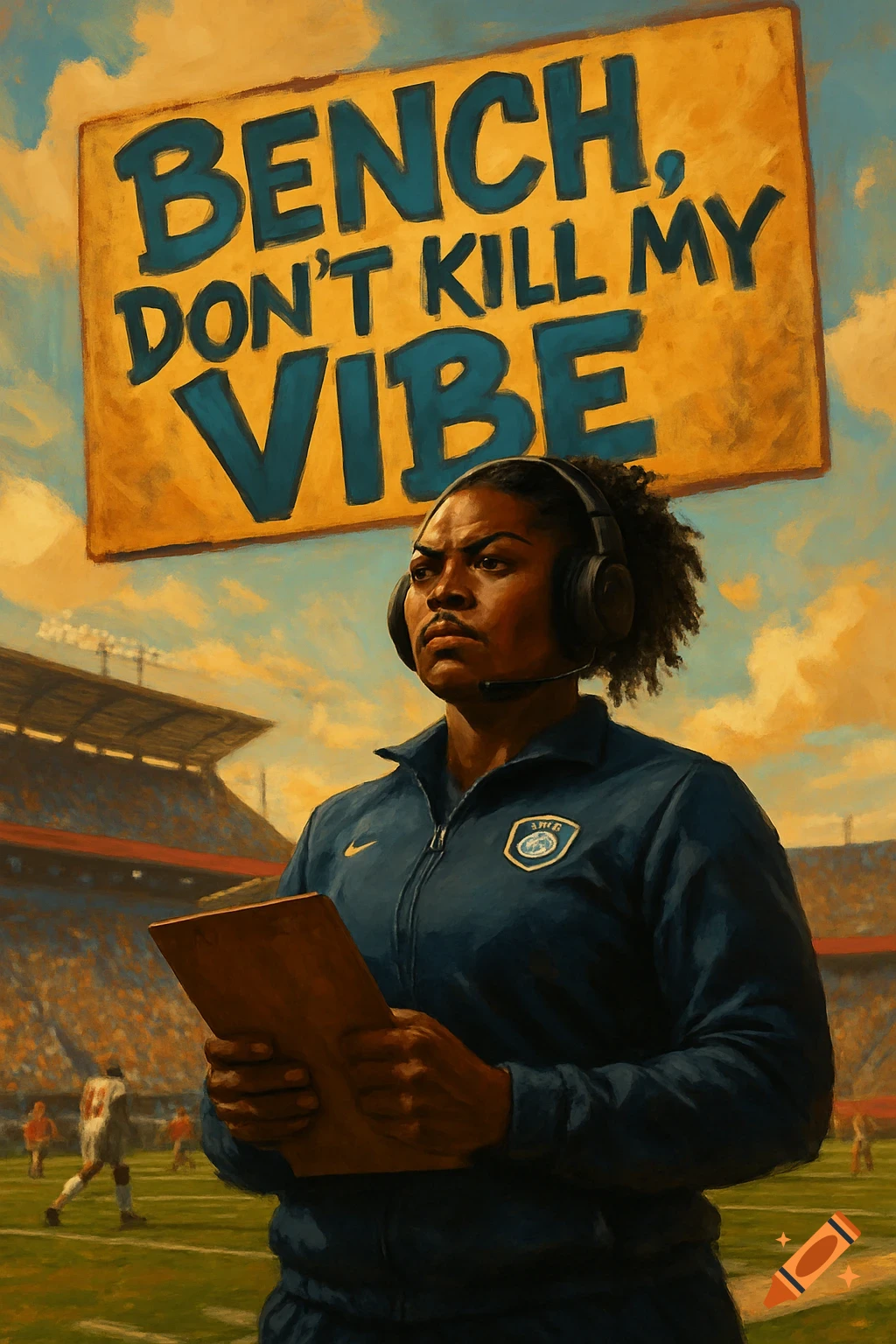 A serious Black woman football coach in a stadium with a 'Bench, Don't Kill My Vibe' sign overhead, painterly style.