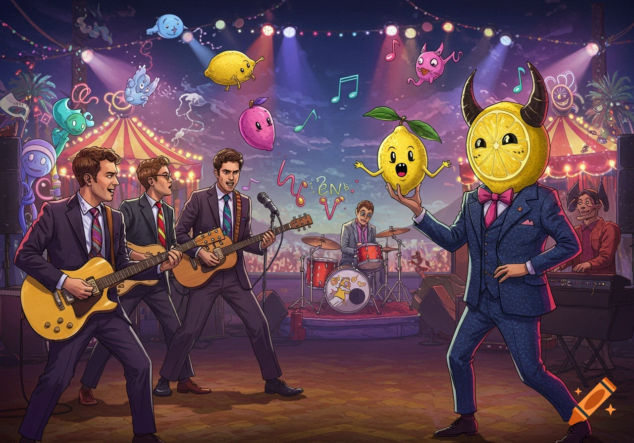 A colorful, surreal illustration of a band performing at a carnival, with a person wearing a lemon-head costume holding a small animated lemon.