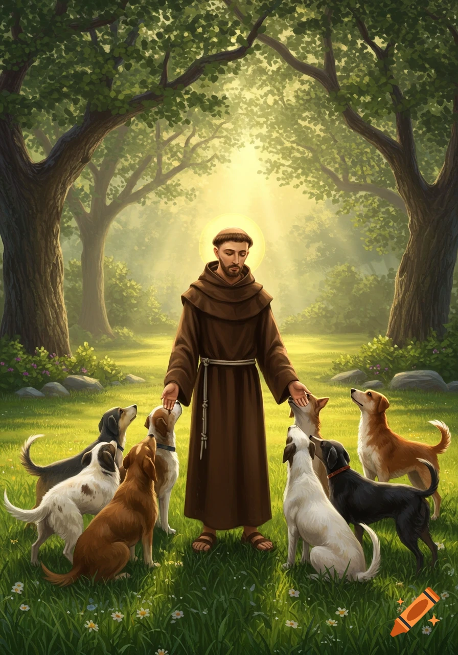 Saint Francis with a halo surrounded by dogs in a sunlit forest clearing, illustration.
