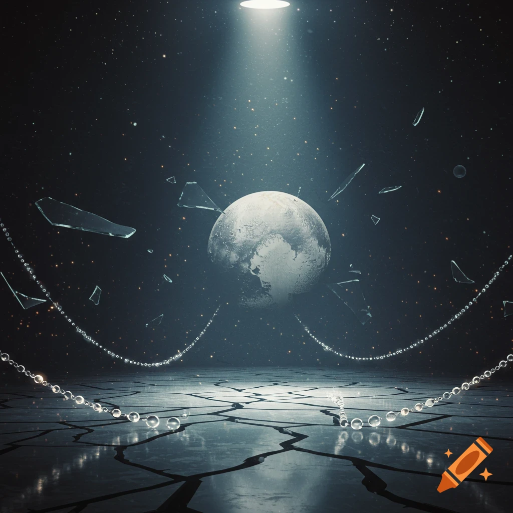 A spotlight illuminates a cracked floor, a ghostlike Pluto, floating glass shards, and shimmering chains in a dark, star-filled space.