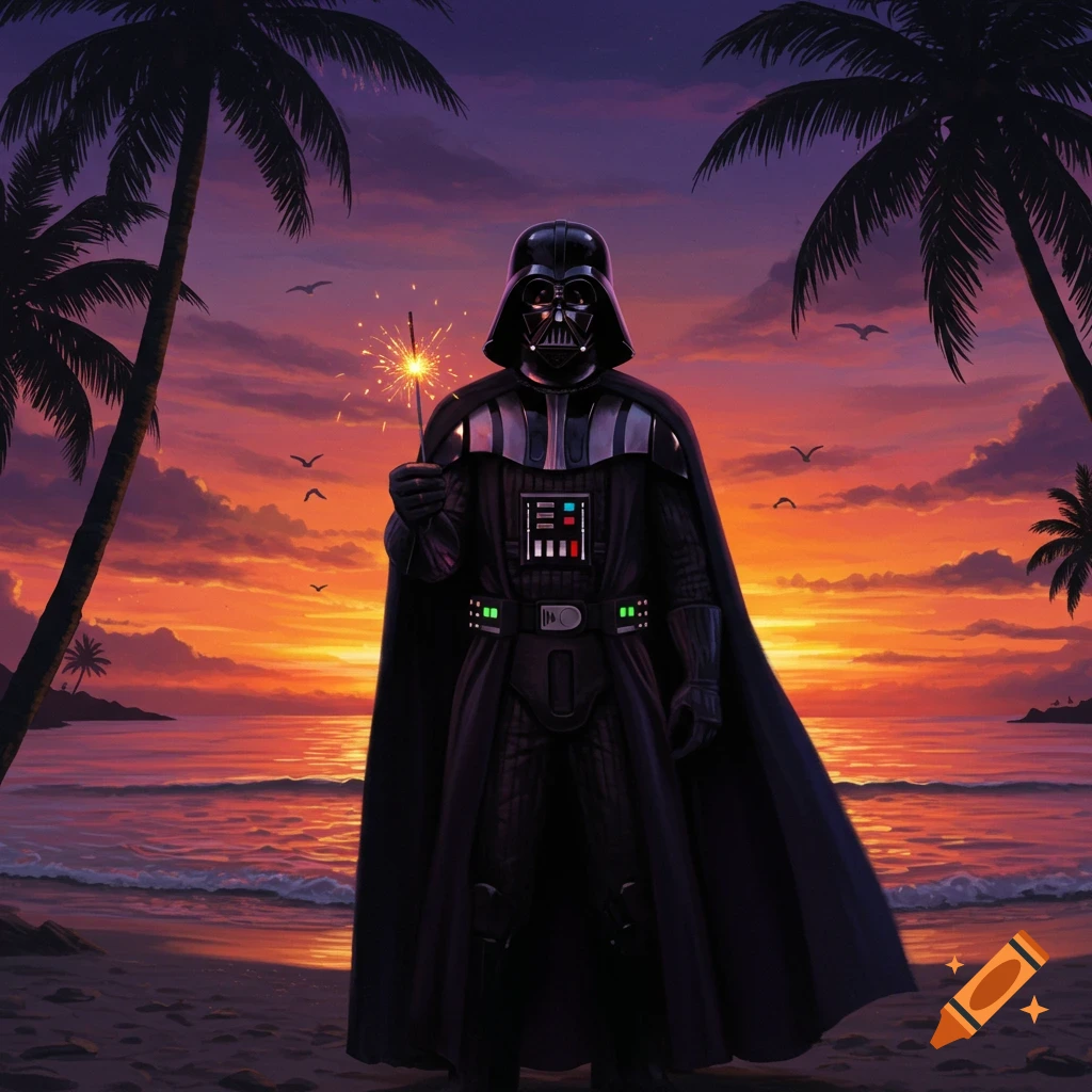 Darth Vader stands on a beach holding a sparkler with a tropical sunset and palm trees in the background.