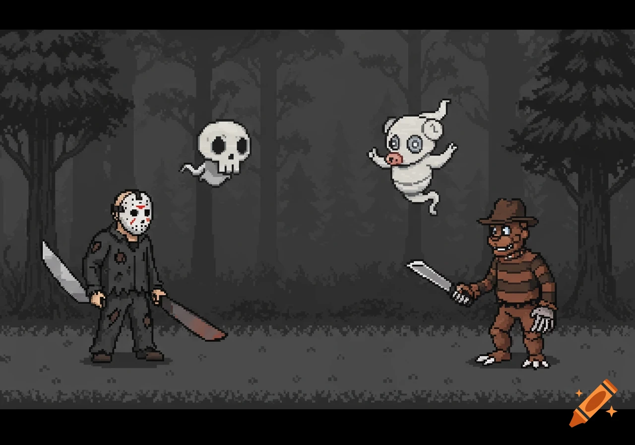 Pixel art battle scene with Jason Voorhees and Freddy Krueger, accompanied by ghost-like creatures, in a dark forest.