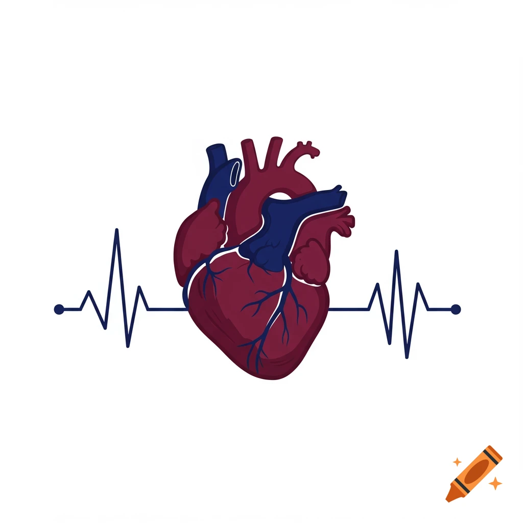 Vector illustration of a human anatomical heart with blue veins, centered on a white background with a blue EKG line.