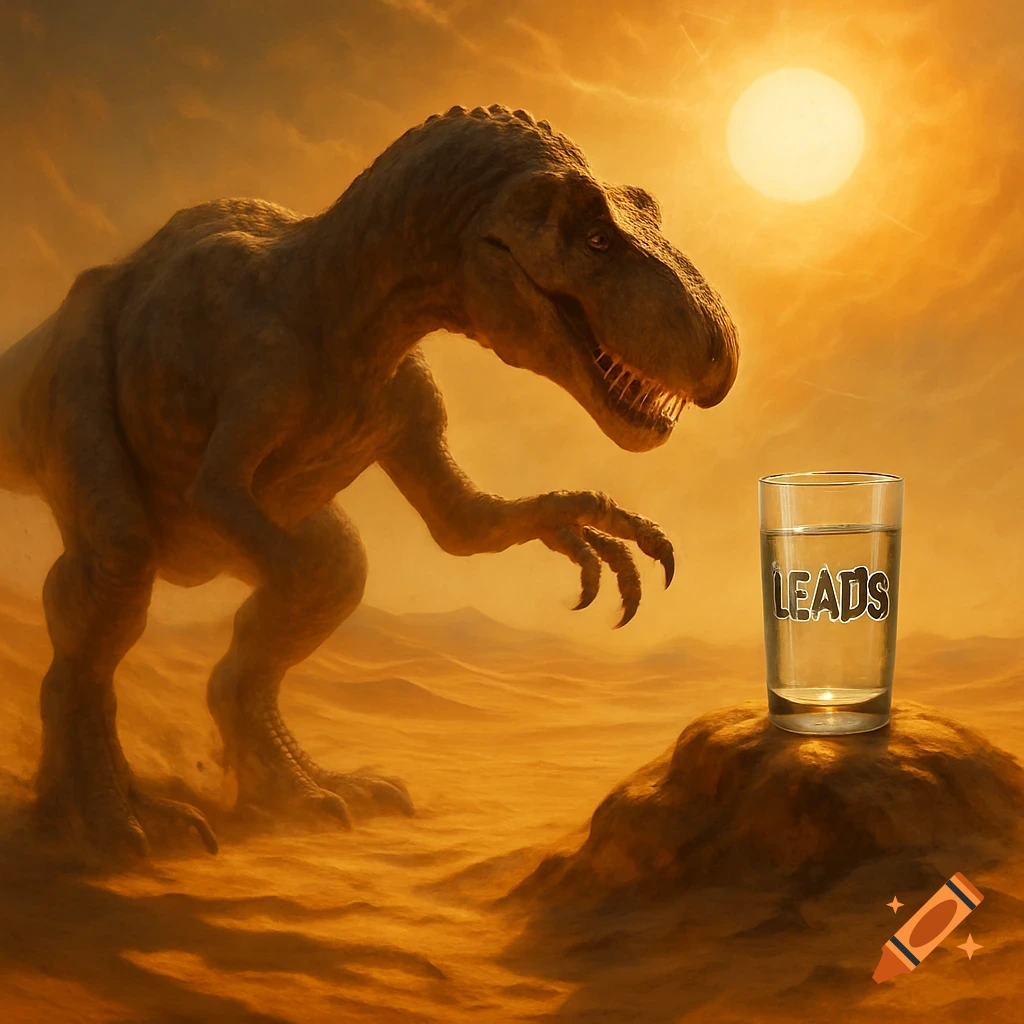 A photorealistic dinosaur reaches for a glass labeled 'LEADS' in a golden desert under a bright sun.