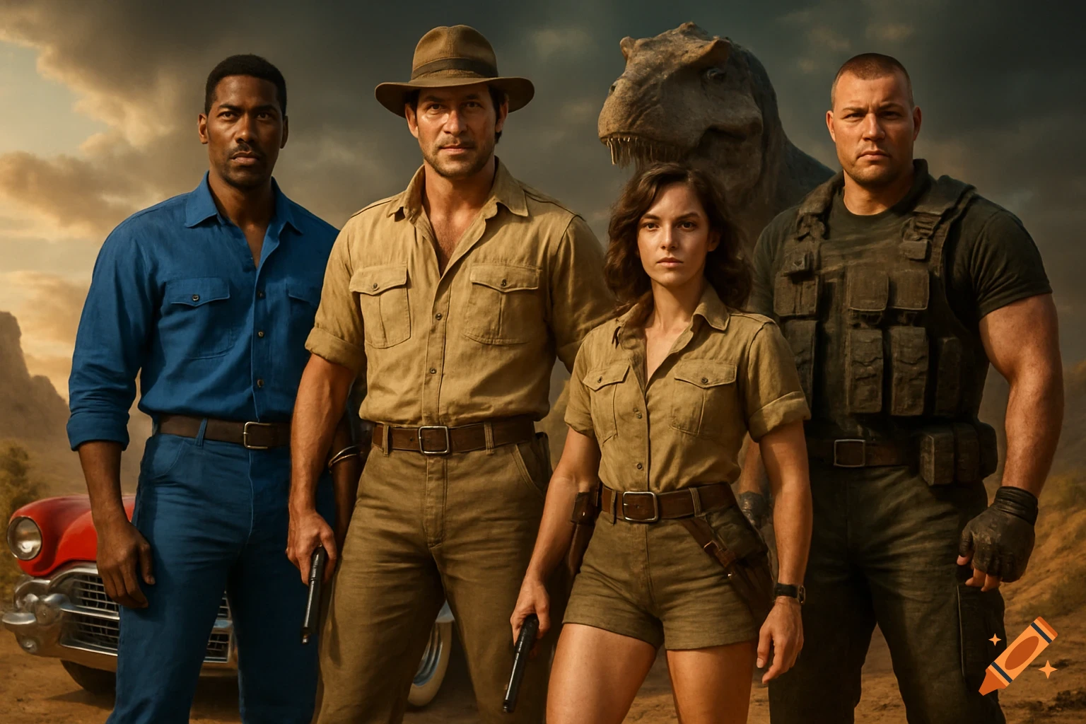 Four adventurers in safari and military gear, with a red car and a dinosaur in a desert background.