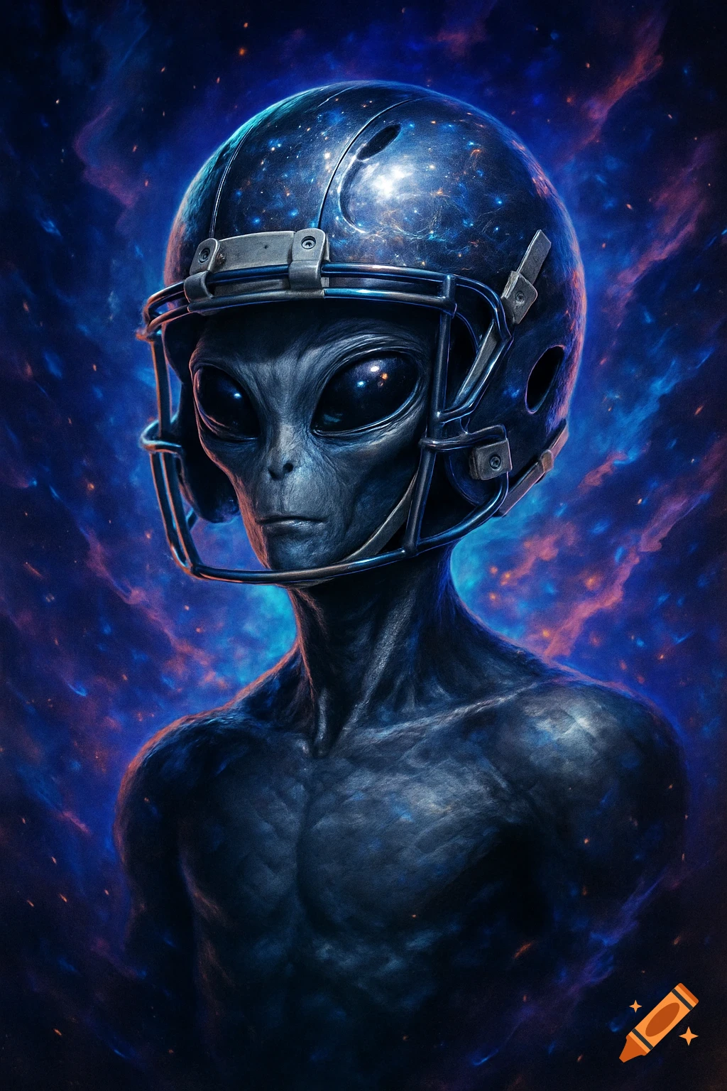 A grey alien in a galaxy-patterned football helmet against a vibrant blue and purple nebula background, digital art.
