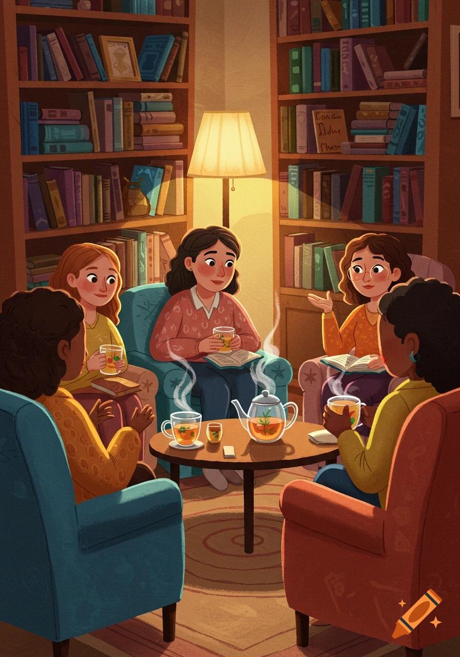 Five women in a Pixar animation style art gather in a cozy room with bookshelves, drinking tea and reading books.