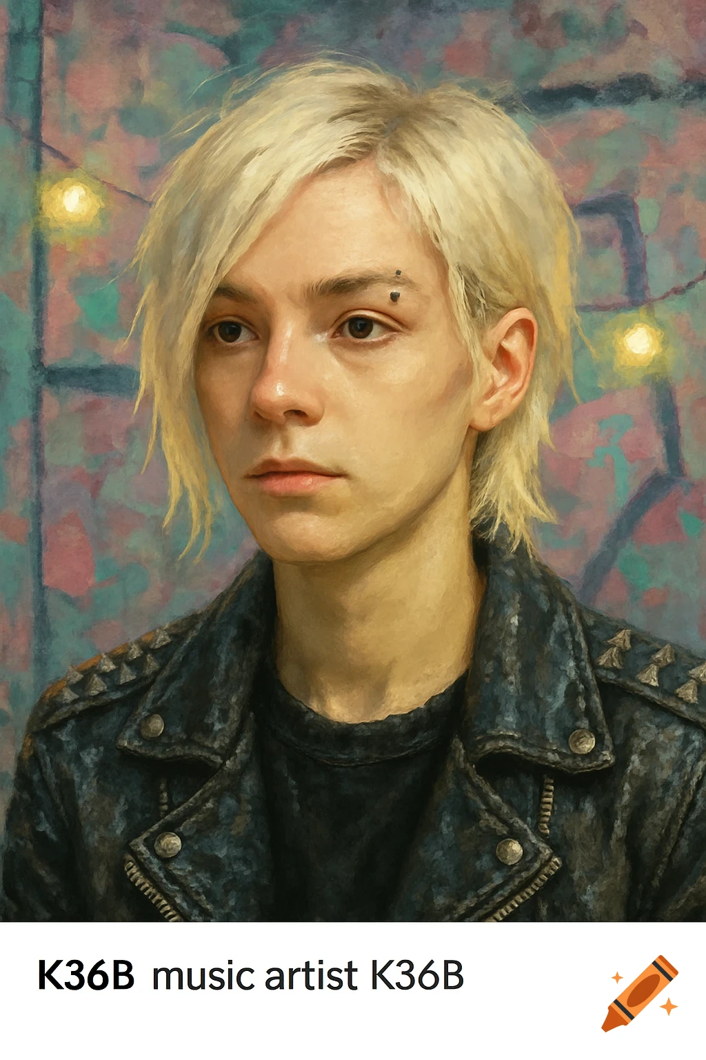 A painted portrait of a young person with short blonde hair, a studded jacket, and a facial piercing, against a colorful, blurry background.