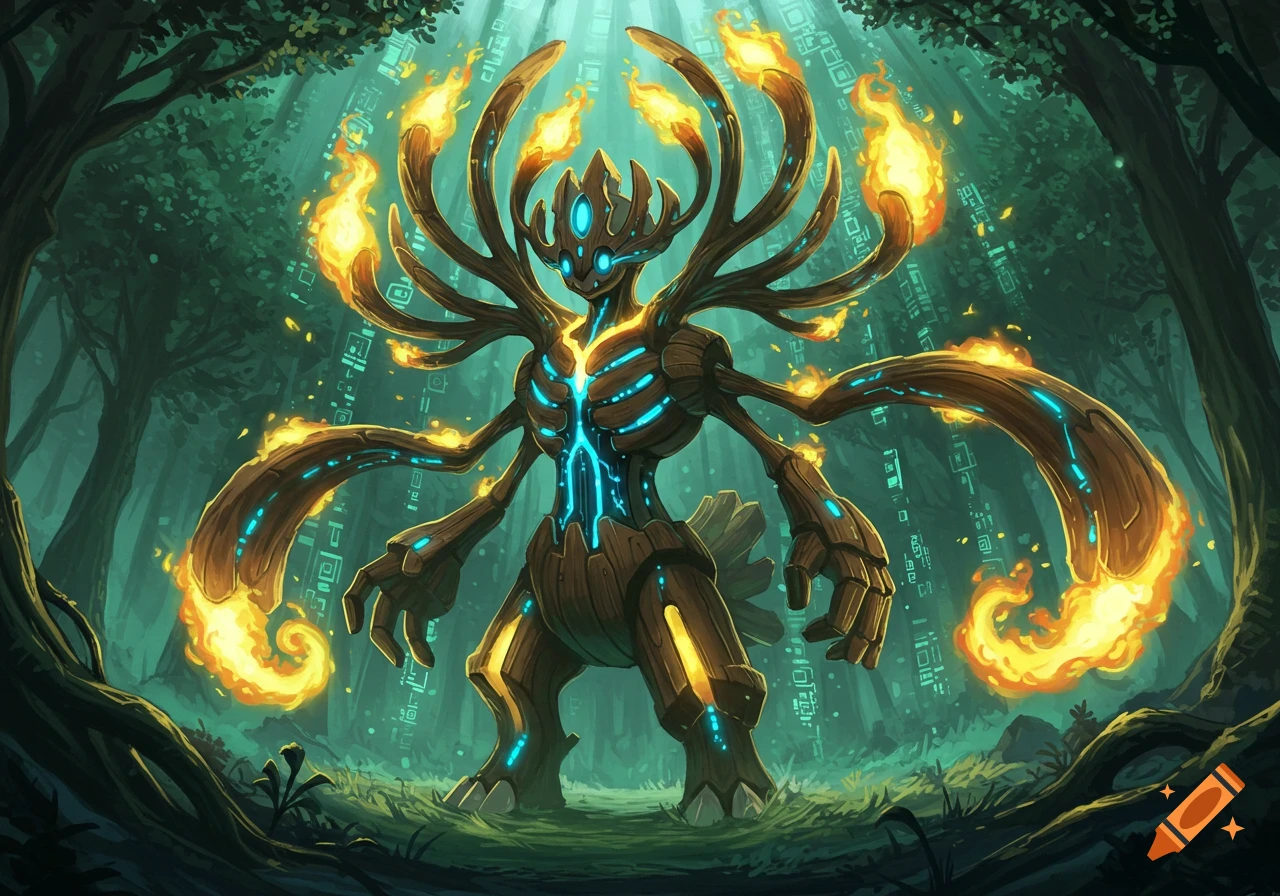 A majestic, tree-like 'Dataflare' Pokemon with circuit board patterns, glowing blue veins, fiery branches, and blue eyes, standing in a cybernetic forest.