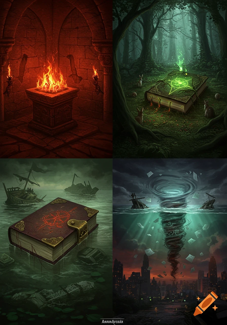 A four-panel collage featuring demonic books in various mystical settings: a fiery altar, a glowing forest, sunken shipwrecks, and a city overwhelmed by a magical vortex.