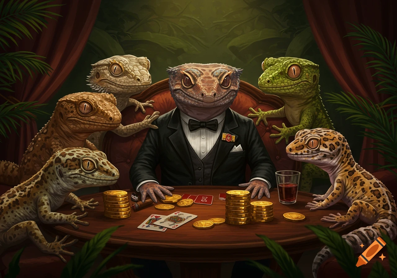 Anthropomorphic geckos in suits play poker around a table with gold coins, cards, and drinks, in a dimly lit, richly decorated room.