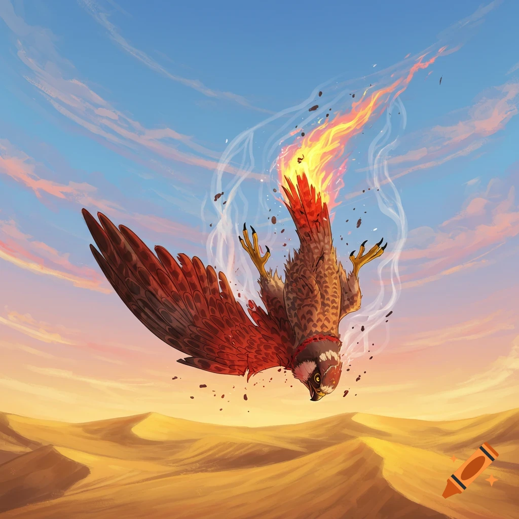 An illustrated falcon with a fiery tail falls headfirst over sand dunes under a vibrant sky.
