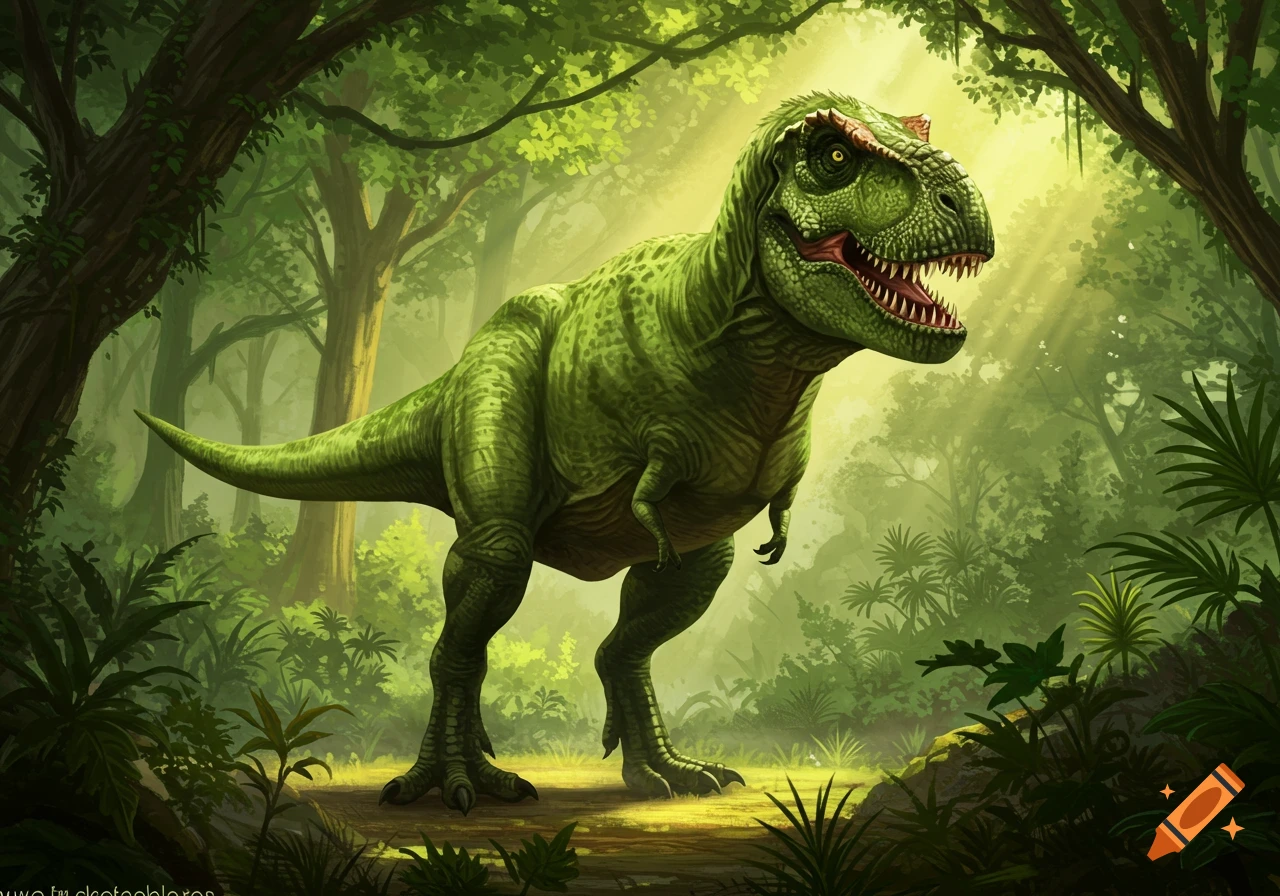 A vibrant green T-Rex stands with its mouth open, roaring in a lush, sunlit prehistoric jungle with dense foliage and tall trees.