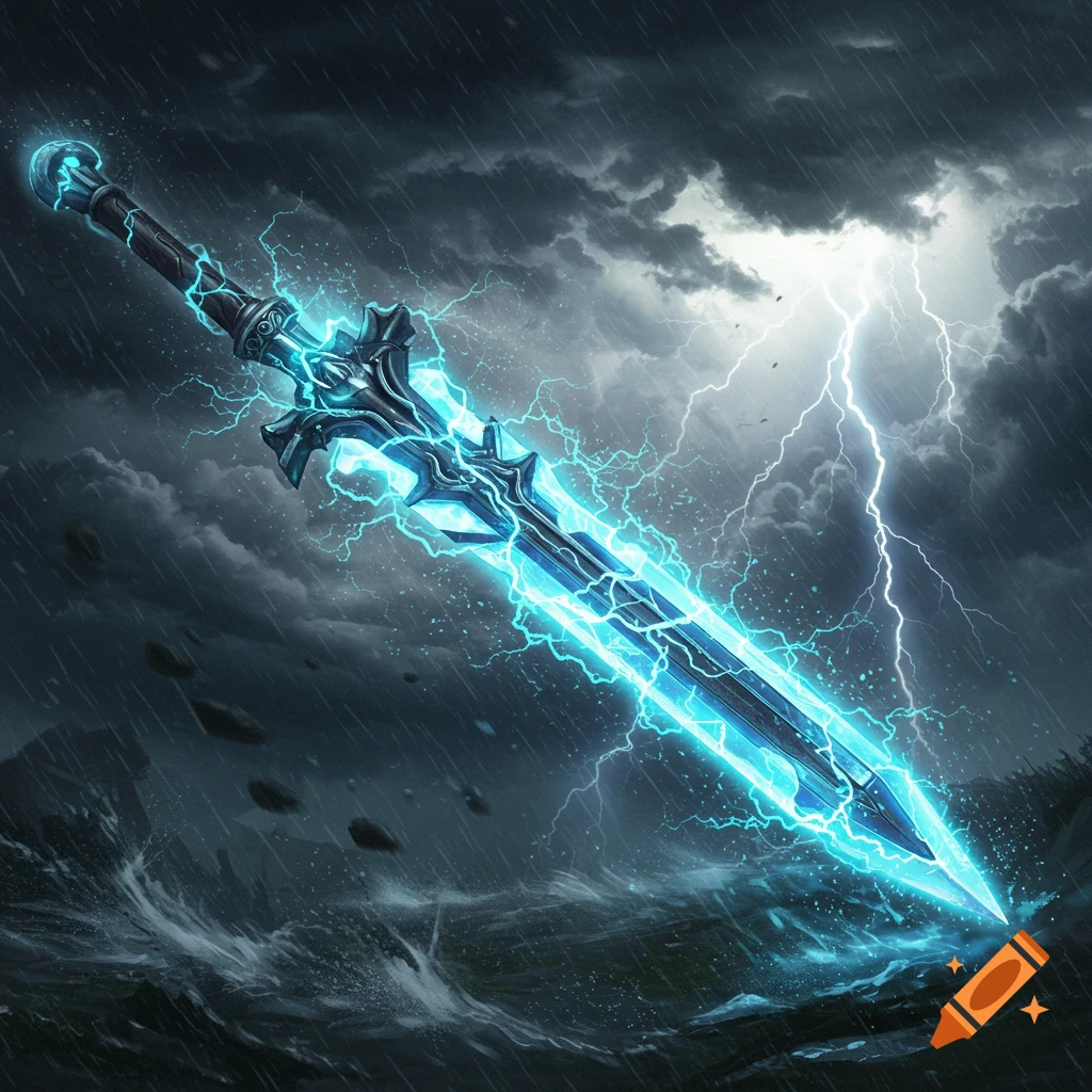 A powerful fantasy sword glowing with blue lightning, set in a dramatic stormy landscape with rain and ocean waves.