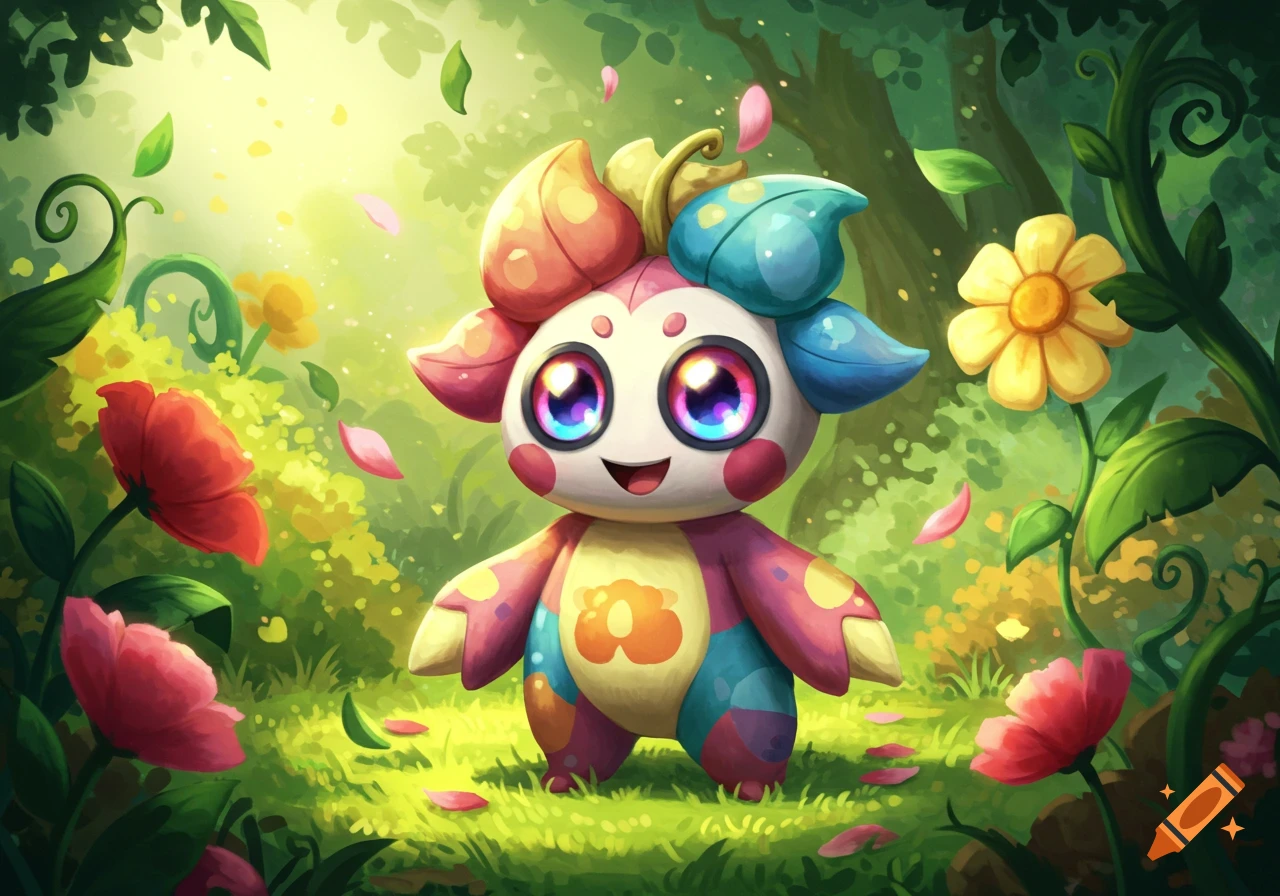 A cute, colorful, large-eyed creature with petals falling around it stands in a vibrant green forest with flowers.