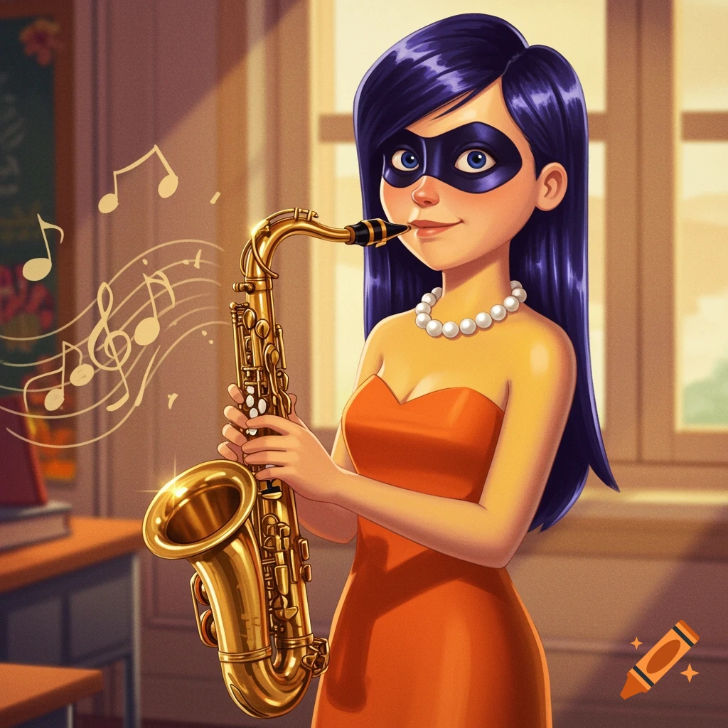 Violet from The Incredibles in a mask and orange dress plays a golden saxophone in a cartoon style.