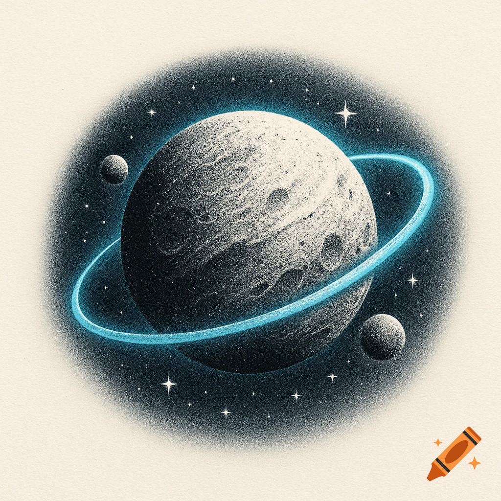 A grainy black and white illustration of a celestial planet with a glowing blue ring, two moons, and sparkling stars.