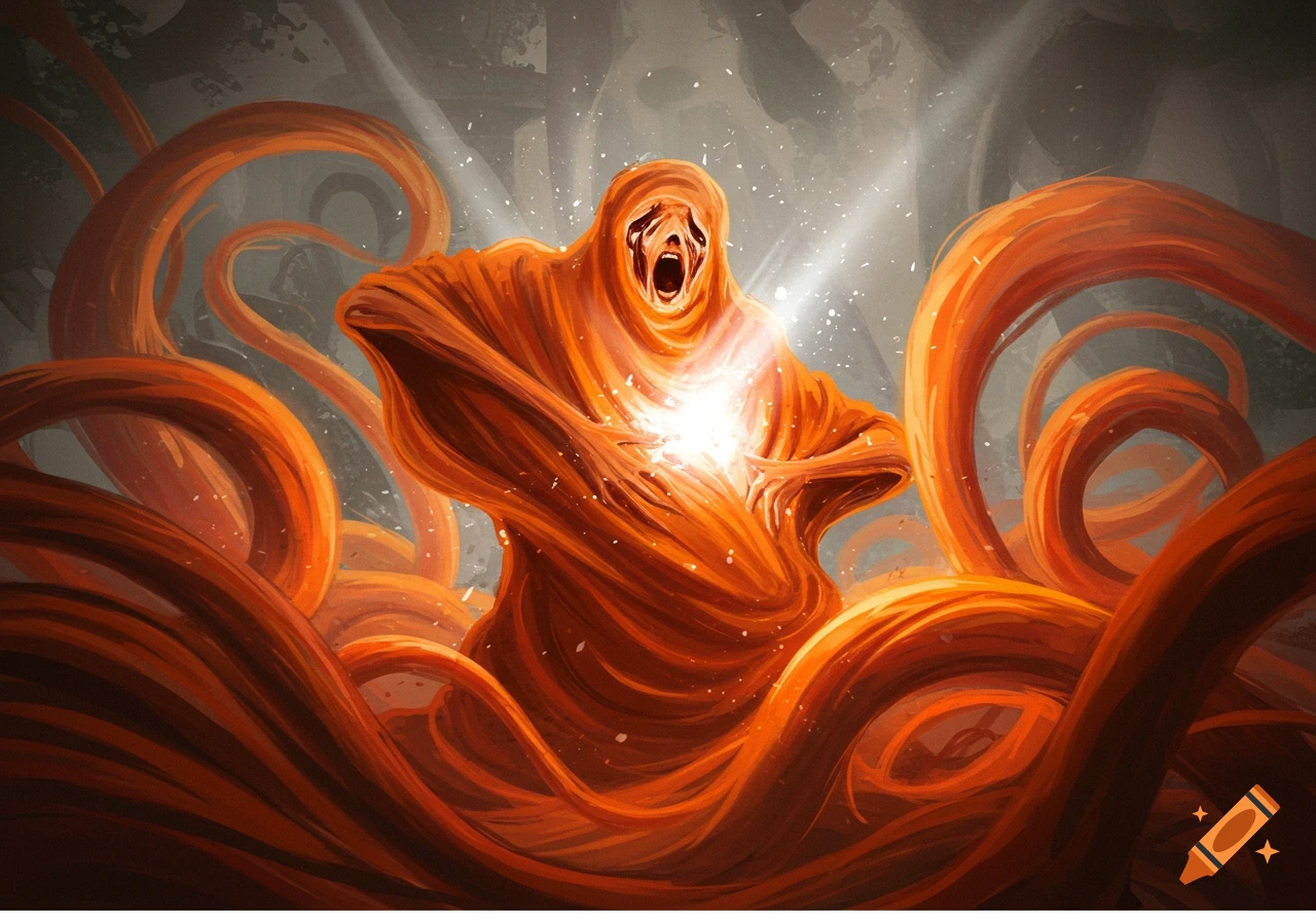 An orange, screaming, ethereal figure made of swirling energy emits light from its core, surrounded by dark tendrils.