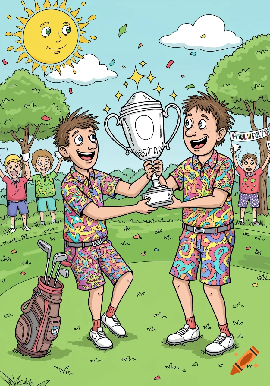 Two smiling men in bright, patterned clothes hold a silver trophy on a golf course. A sun, trees, and cheering people are in the cartoon background.