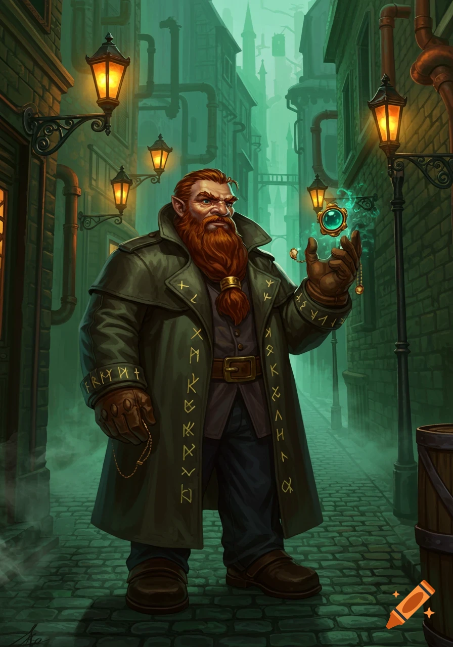 A red-bearded dwarf in a trench coat and gloves holds a glowing arcane orb in a misty, gaslit alleyway with brick buildings and pipes.