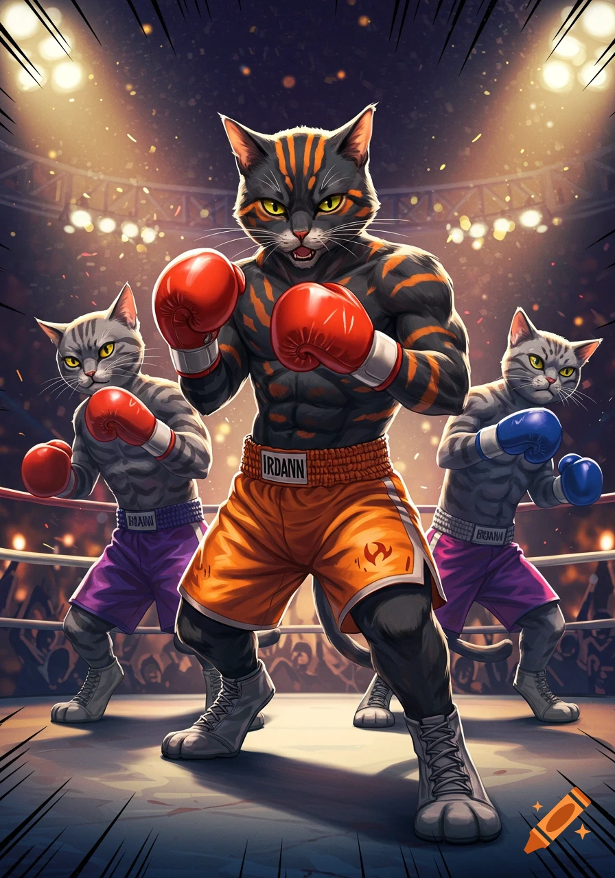 Three muscular, anthropomorphic cats in boxing gear stand in a brightly lit boxing ring in a vibrant manga style.