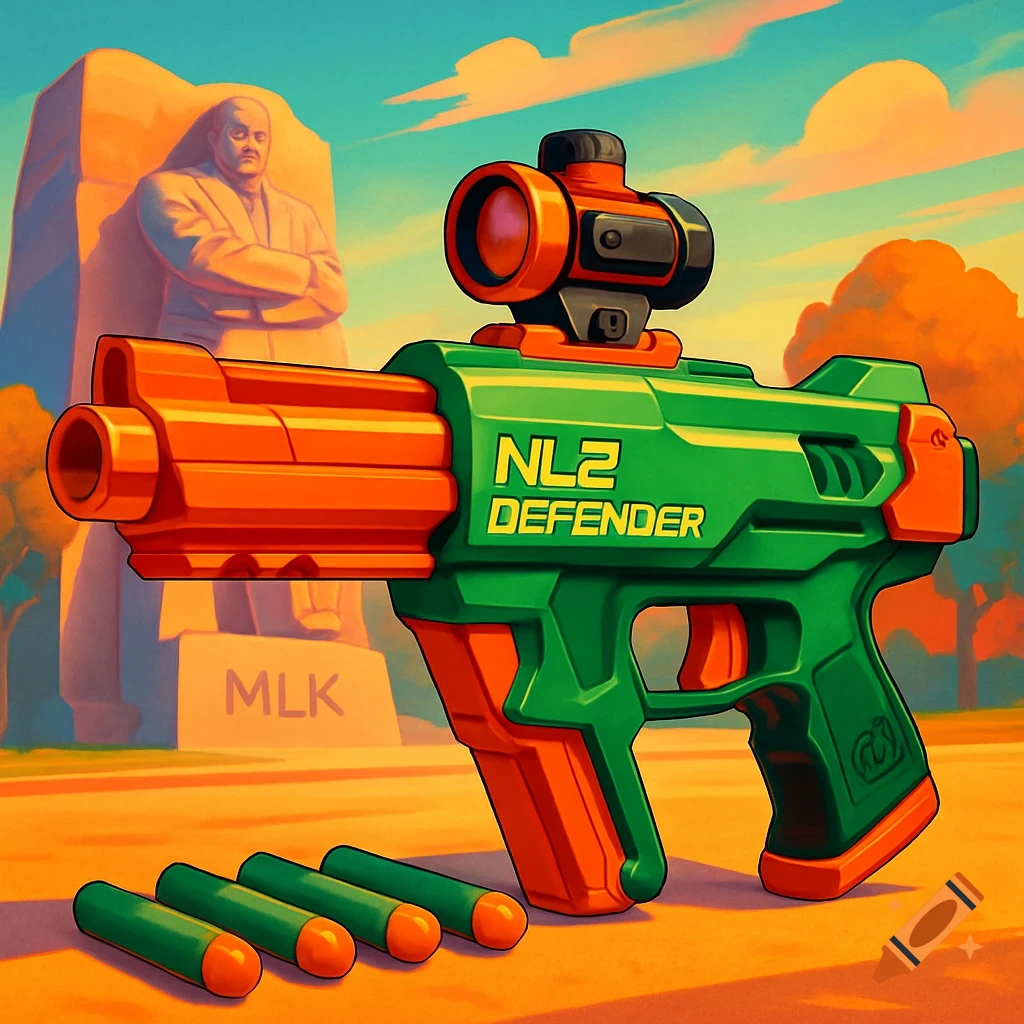 Stylized image of a green and orange toy blaster with 'NL2 DEFENDER' text, darts, and a MLK statue in the background.