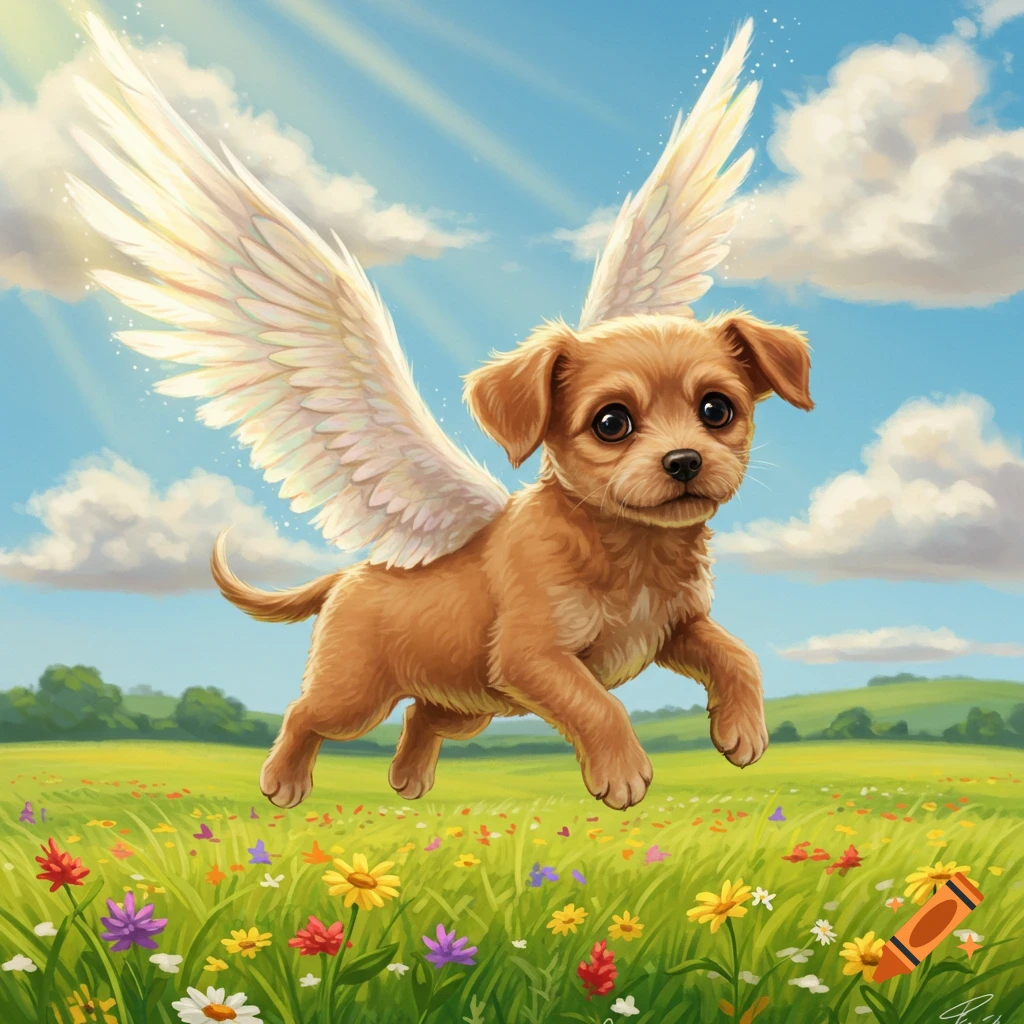 A cute brown puppy with white feathered wings flies over a vibrant green field of colorful wildflowers under a bright blue sky.