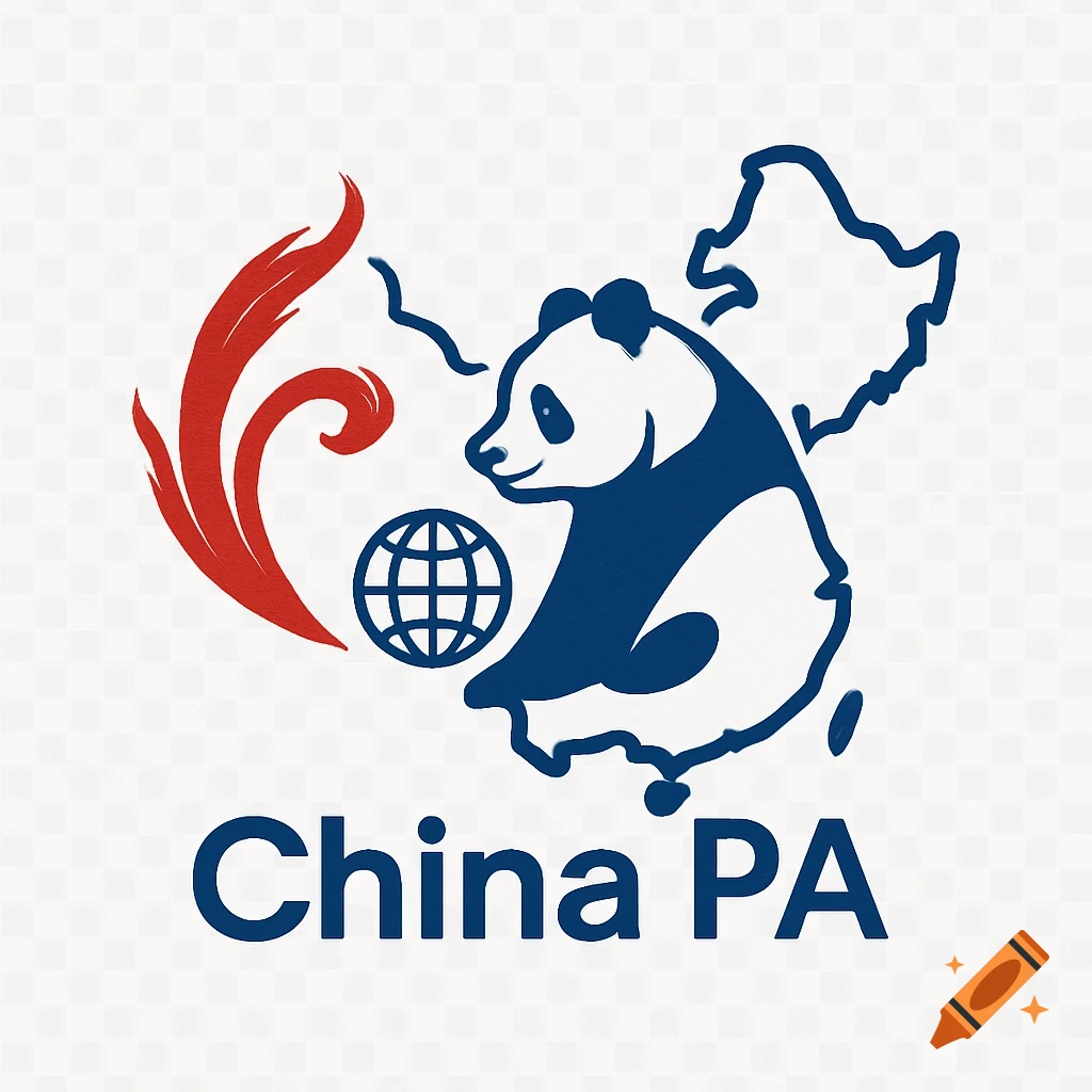 Logo featuring a blue panda, globe, and China map outline, with a red flourish and 'China PA' text, on a transparent background.