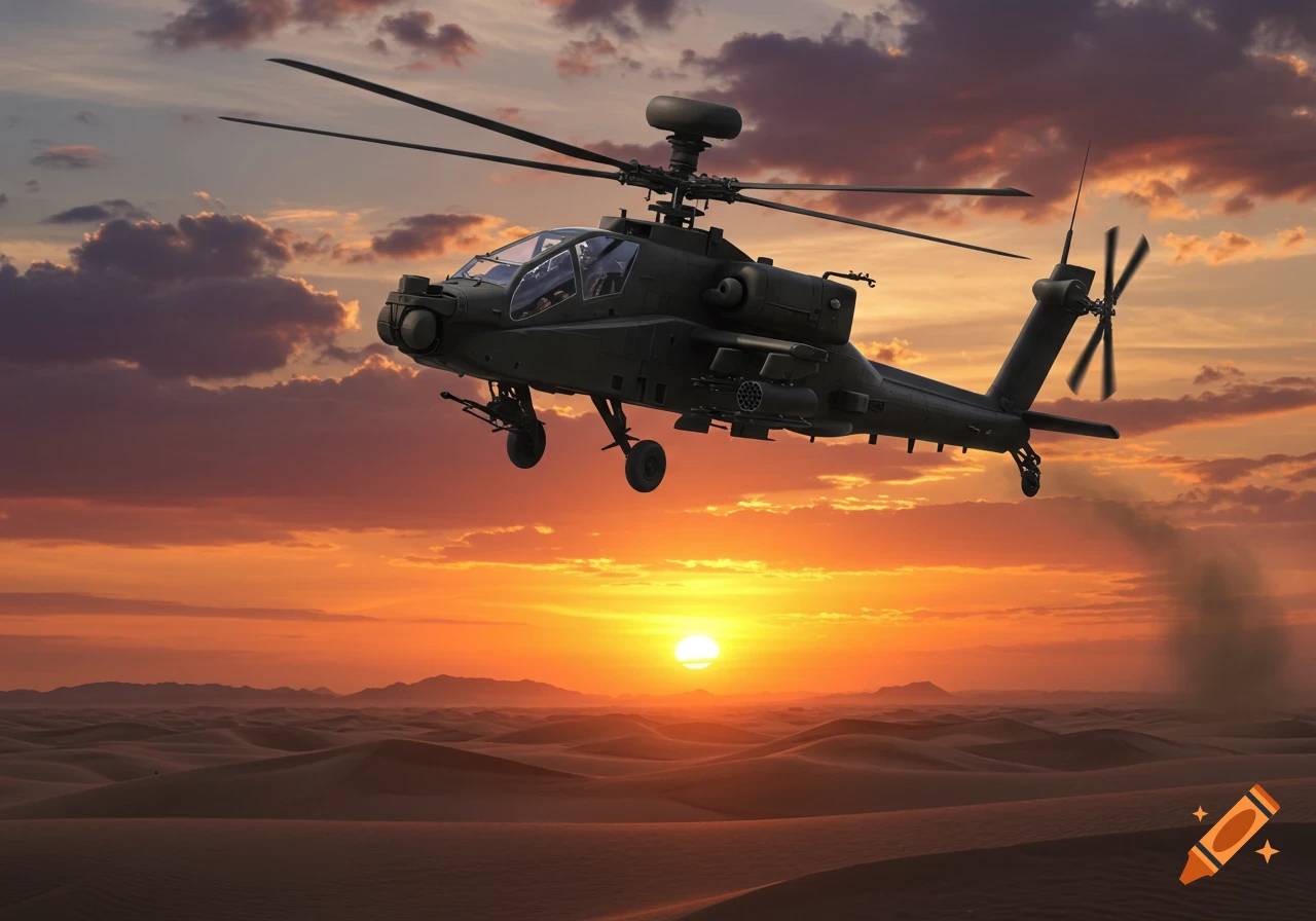 An Apache helicopter hovers over a desert landscape with rolling sand dunes, silhouetted against a vibrant orange and purple sunset.