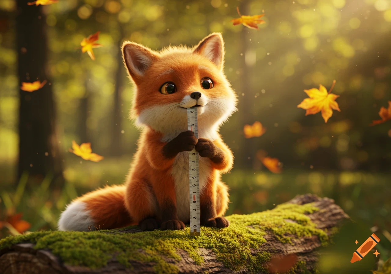 A cute, fluffy, cartoon fox sits on a mossy log in a sunlit autumn forest, holding a white ruler up to its nose.