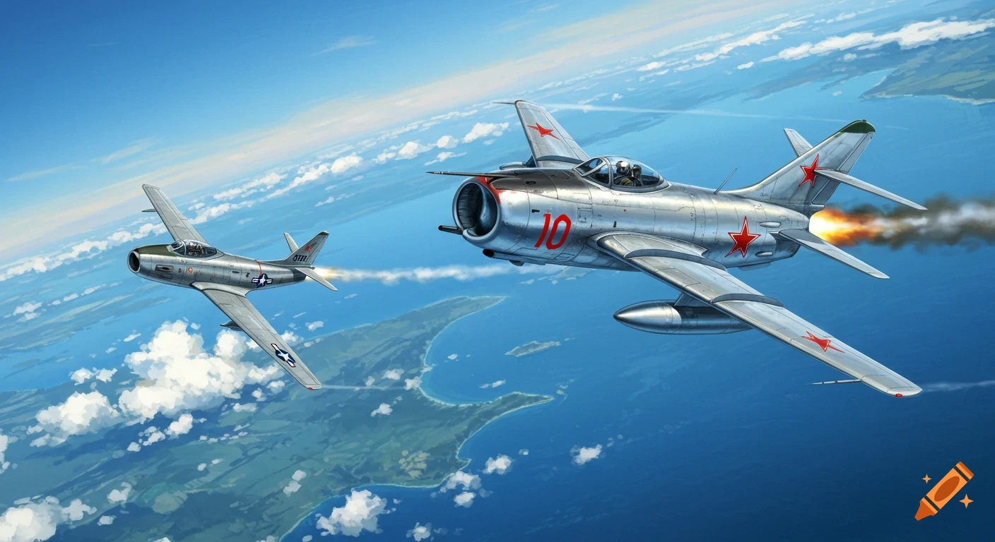 An illustration of a Soviet Mig-15 fighter jet chasing an American F-86 Sabre over coastal landscape and clouds.