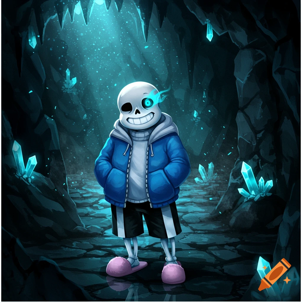 Sans, a smiling skeleton in a blue jacket and pink slippers, stands in a dark fantasy cave lit by glowing blue crystals.