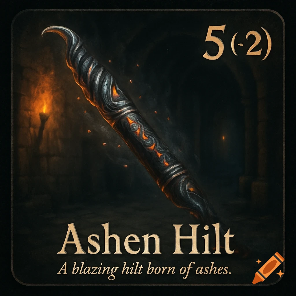 A dark fantasy game card depicting a glowing, ashen hilt against a blurred dungeon background, with the title "Ashen Hilt" and flavor text "A blazing hilt born of ashes."
