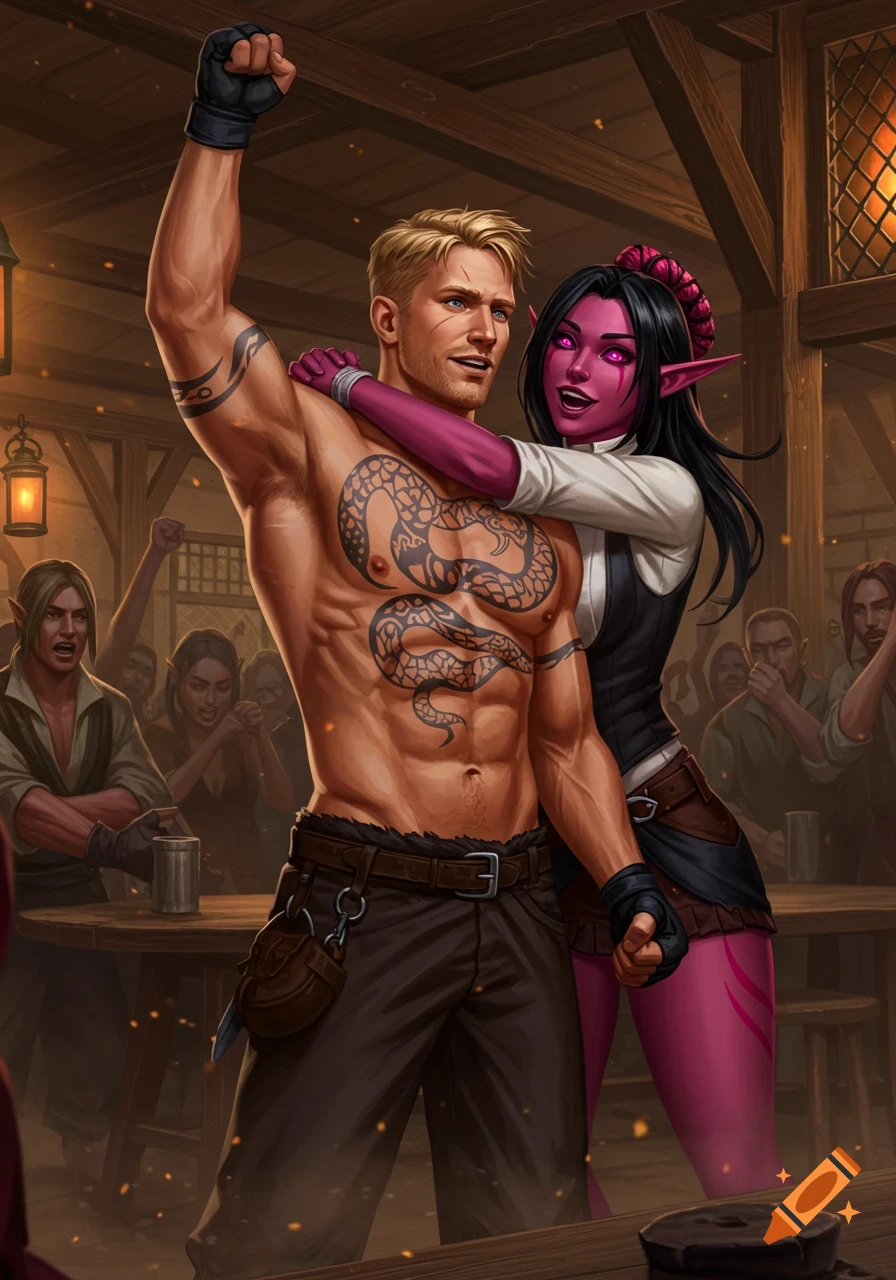 A shirtless blond man with snake tattoos raises his fist in celebration while a pink-skinned elf woman hugs him in a busy tavern.