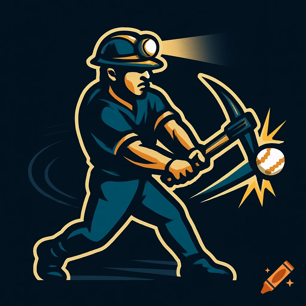 Modern sports logo of a miner with a headlamp, mid-swing with a pickaxe hitting a baseball, in a vector style.