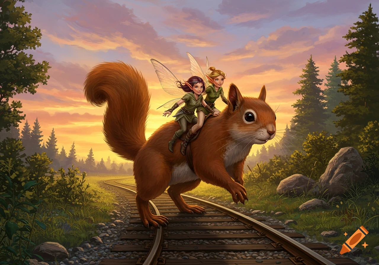 Two fairy girls ride a giant squirrel on train tracks through a forest at sunset, semi-realistic fantasy art.