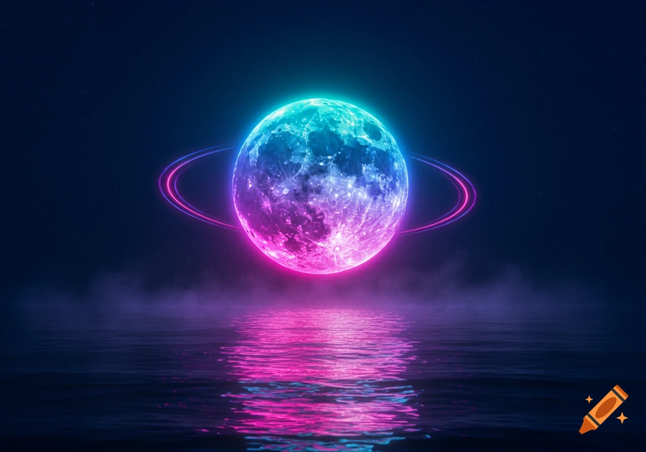 A vibrant neon moon with glowing rings reflects in calm water under a dark, starry sky, in a futuristic or fantasy style.