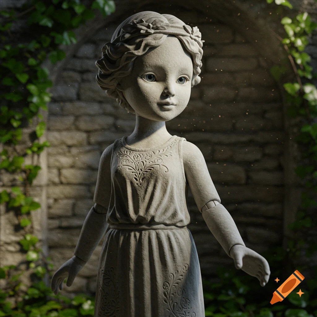A detailed stone statue of a doll-like girl with large eyes, wearing a patterned dress and a wreath, in a lush garden.