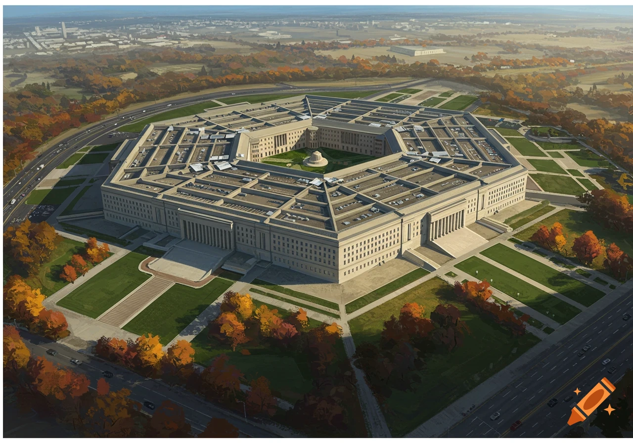 An aerial view of the Pentagon building surrounded by roads and autumn trees under a clear sky.