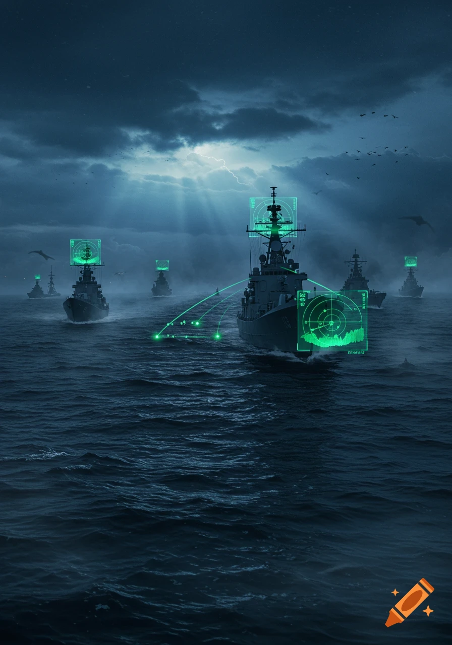 Warships with glowing green radar screens navigate a dark, stormy sea with lightning in the sky and birds flying above.