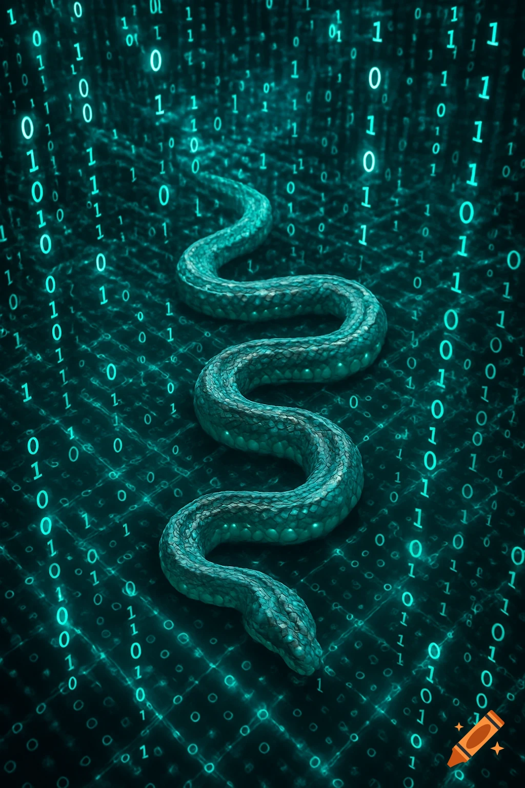 A teal serpent coiled amidst a dark background of glowing green binary code.