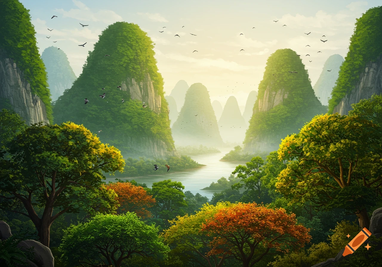 A vibrant landscape painting with tall green mountains, a winding river, colorful trees, and birds flying under a bright sky.